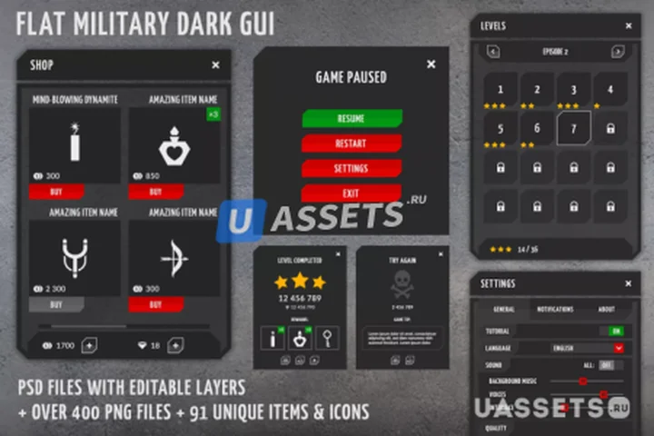 Flat black universal GUI, 4k UI Kit - over 400 PNG files!