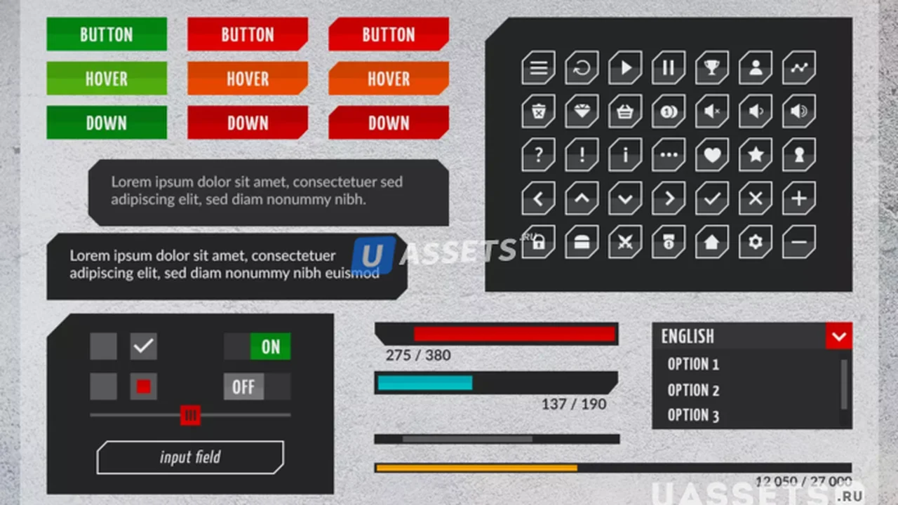 Flat black universal GUI, 4k UI Kit - over 400 PNG files!