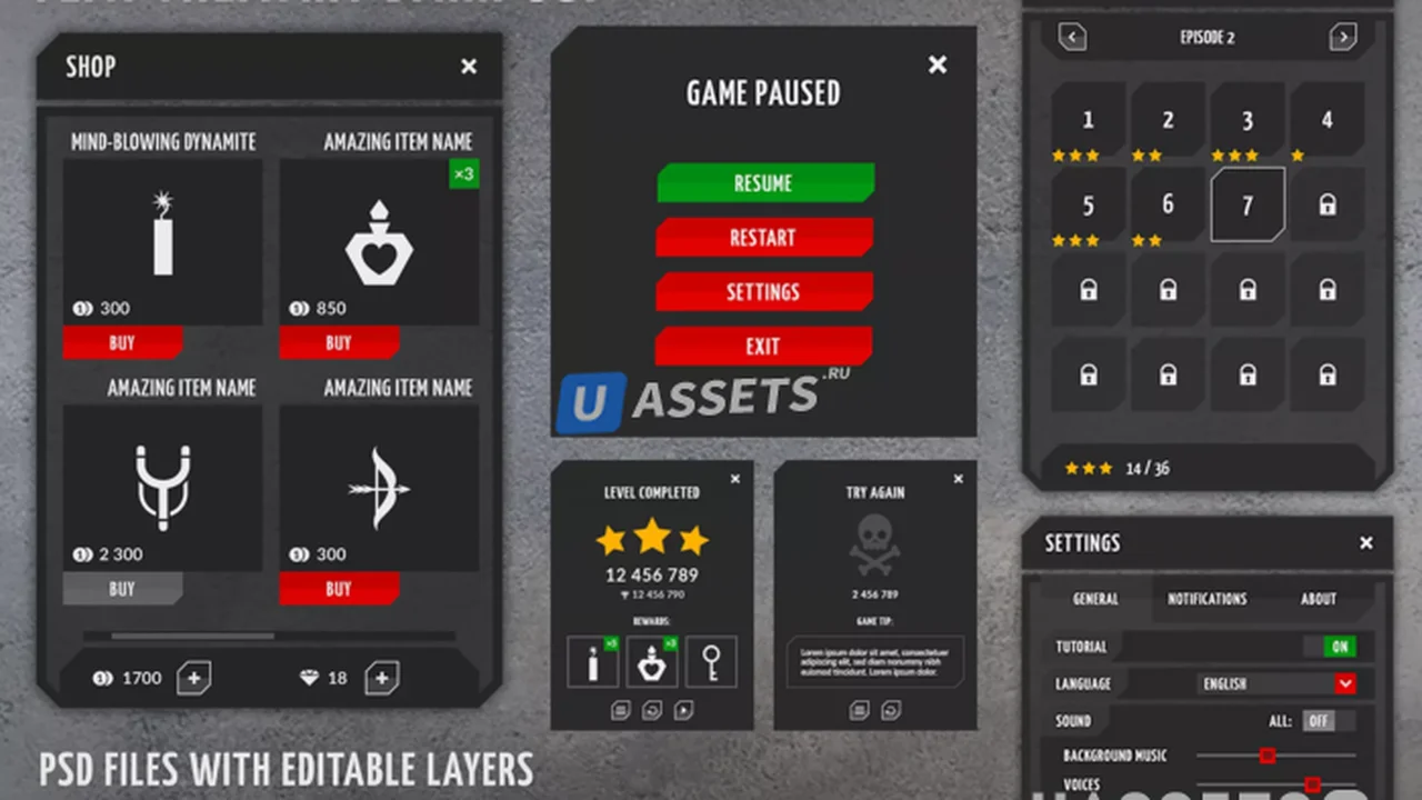 Flat black universal GUI, 4k UI Kit - over 400 PNG files!