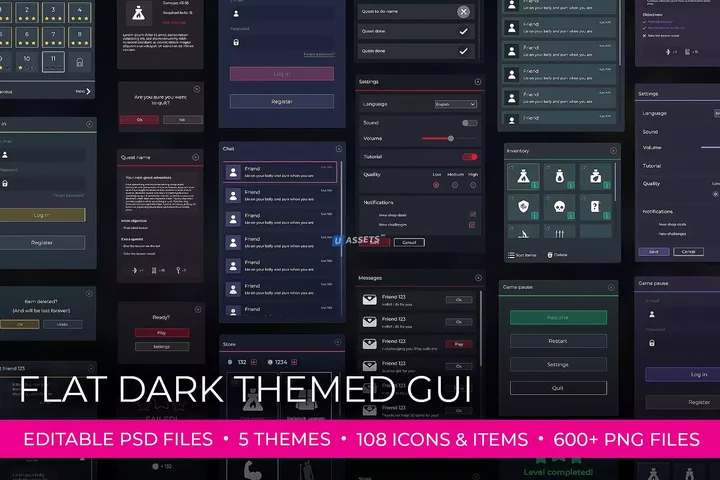Flat Dark Themed GUI / UI Kit - over 600 PNG