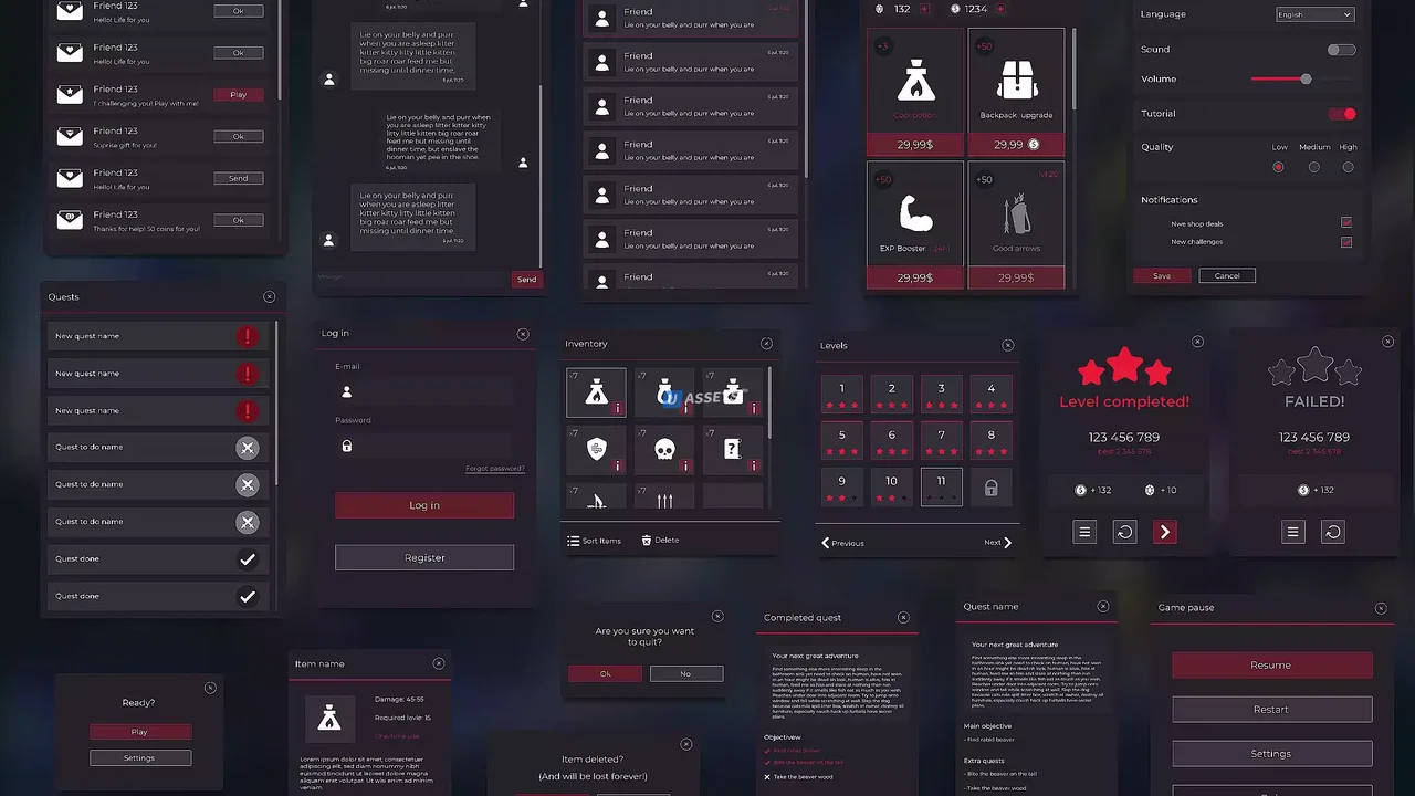 Flat Dark Themed GUI / UI Kit - over 600 PNG