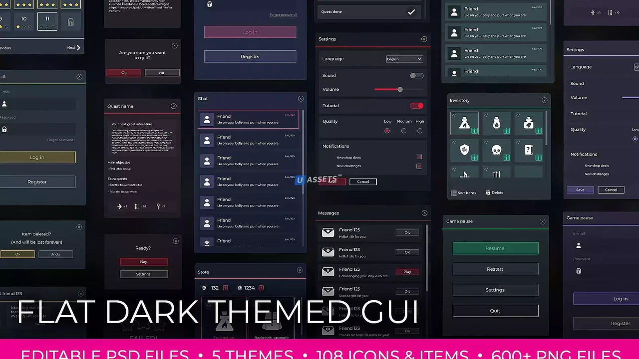 Flat Dark Themed GUI / UI Kit - over 600 PNG