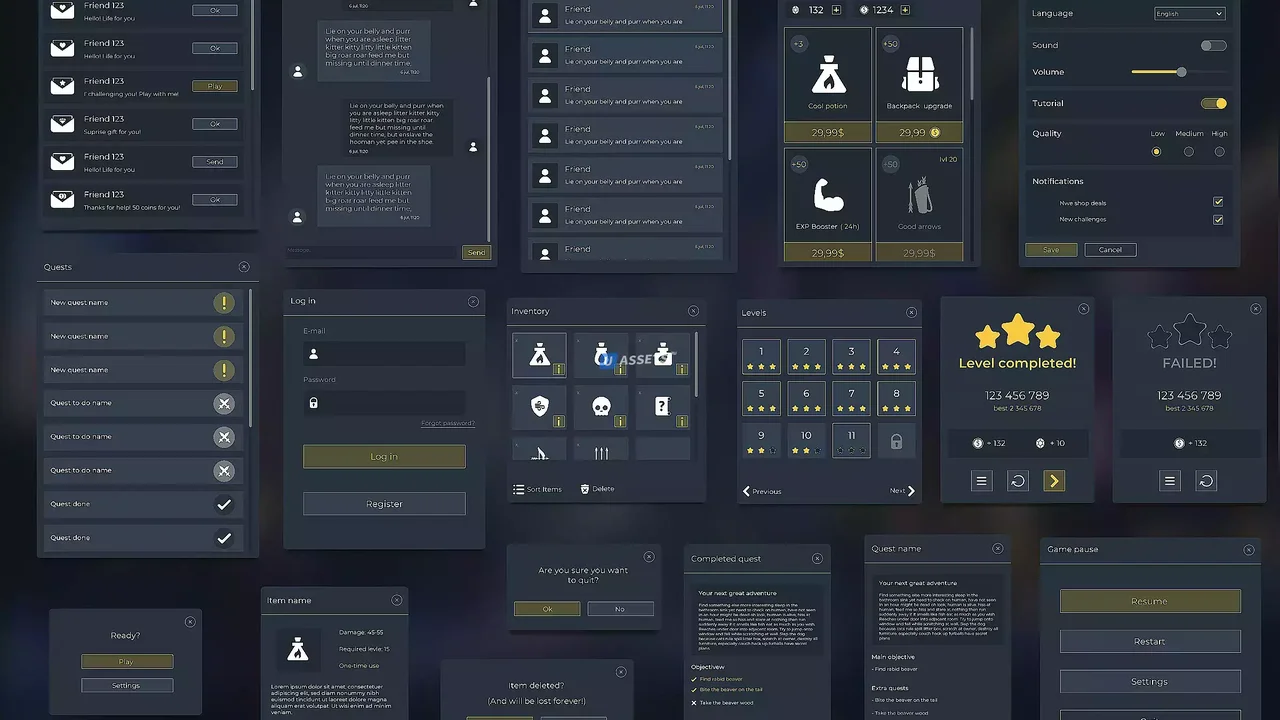 Flat Dark Themed GUI / UI Kit - over 600 PNG